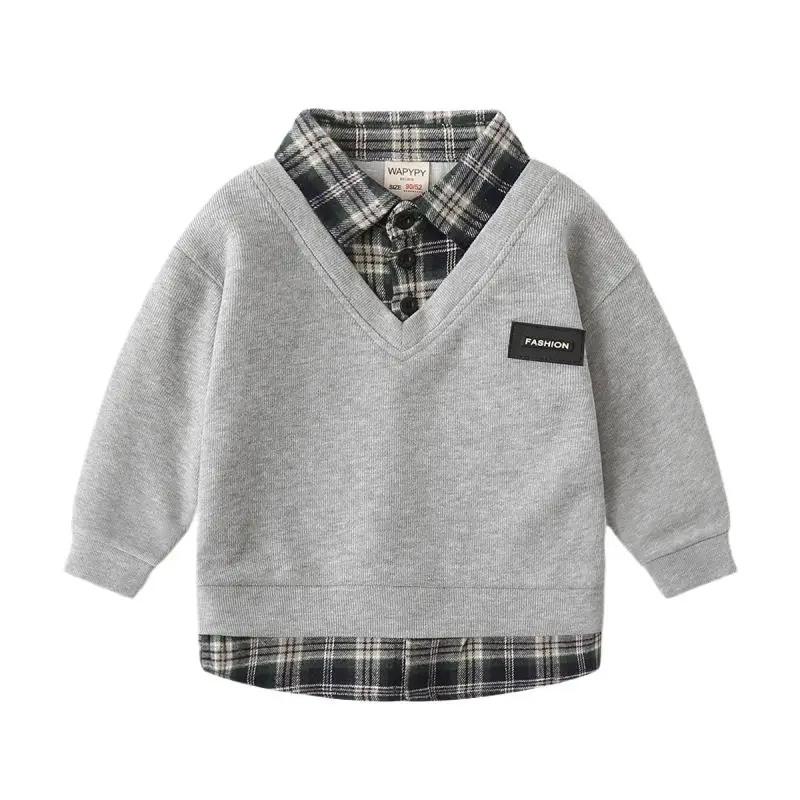 Autumn Infant Babys Boys Sweatshirts Cotton Plaid Collar Sticker Toddler Boy Pullovers Casual Patched Long Sleeve Kids Boys Tops