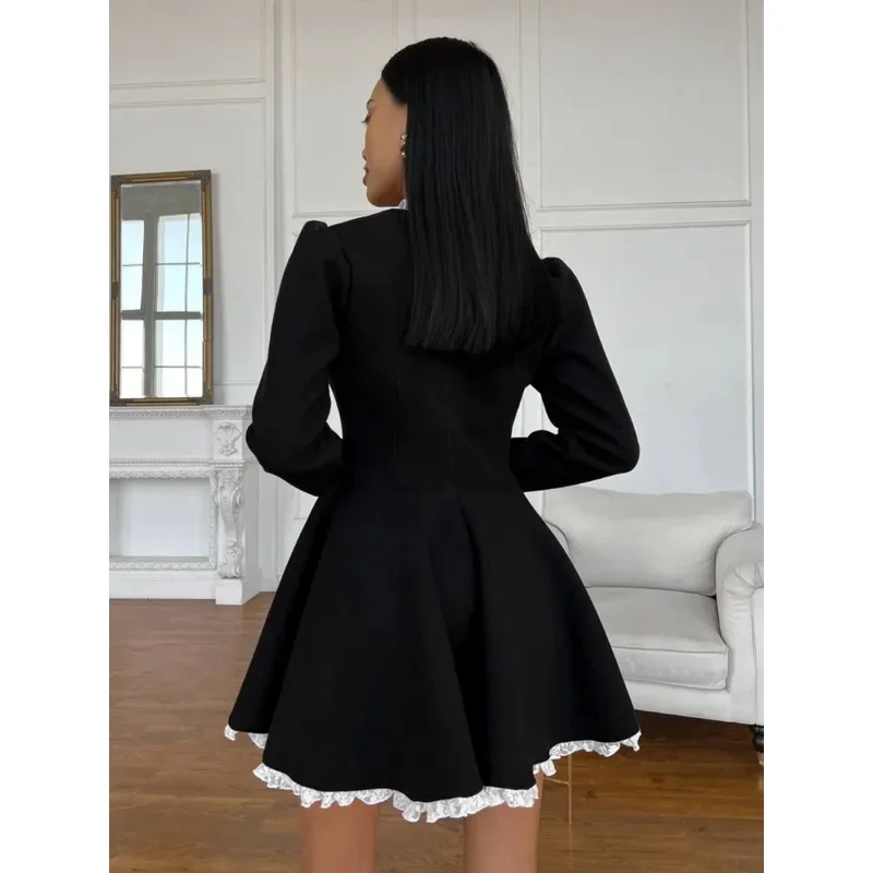 Jinia black lace mini dress for women fashion patchwork high waist elegant vintage dress summer patchwork party dress gown 2025