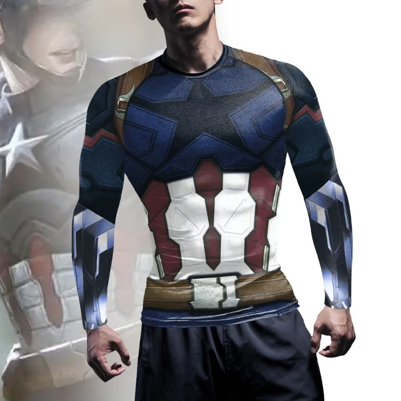 

Men's Captain America Cosplay Compression Shirt Superhero 3D Printed Muscle Pattern Long Sleeve Workout Top