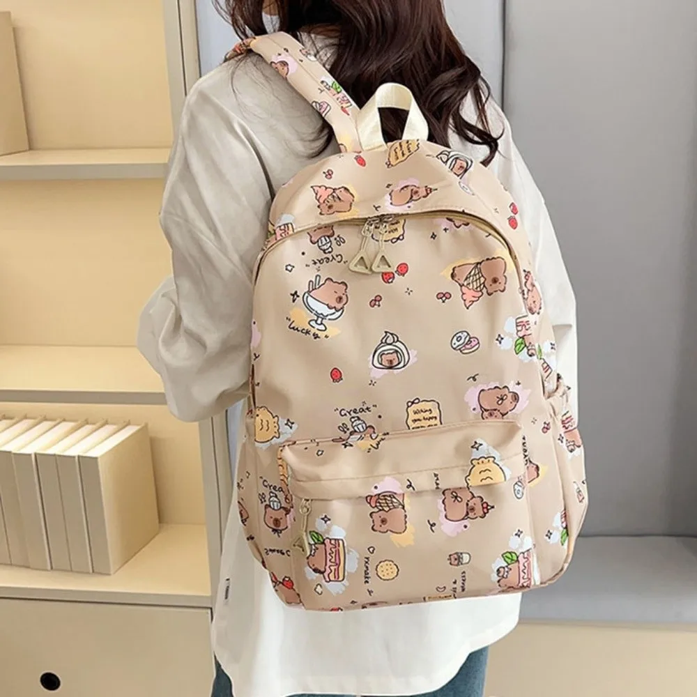 nylon-capybara-backpack-wide-straps-lightweight-cartoon-animal-daypack-korean-style-adjustable-straps-large-capacity-school-bag