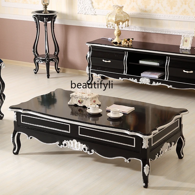 European Style Coffee Table Sofa with Drawer Tea Table Neoclassical Square Table Villa Living Room Solid Wood Carved Tea