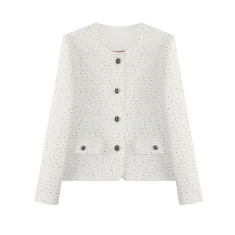 

White sequin Little Spice Style women's coat Spring/Fall tweed top