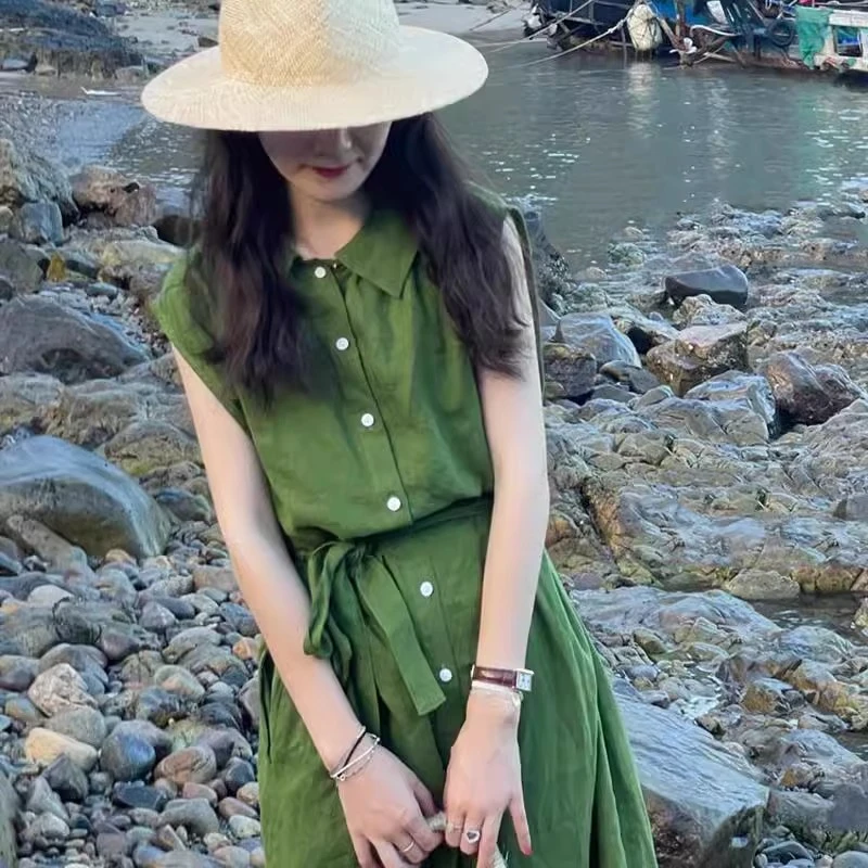 Summer Green Dress Lapel Sleeveless Skirt Female New Retro Temperament Single Breasted Long Dresses Women's Dresses Vestido traf