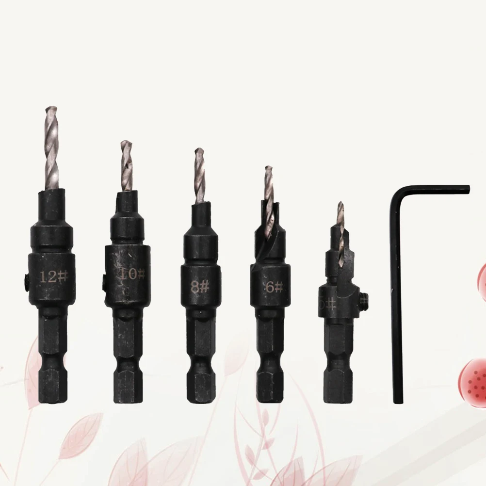 

5pcs Countersink Drill Bit Set Wood Hole Reamer Screw Sizes 5 6 8 10 12 Titanium Coated High Hardness Efficient Drilling