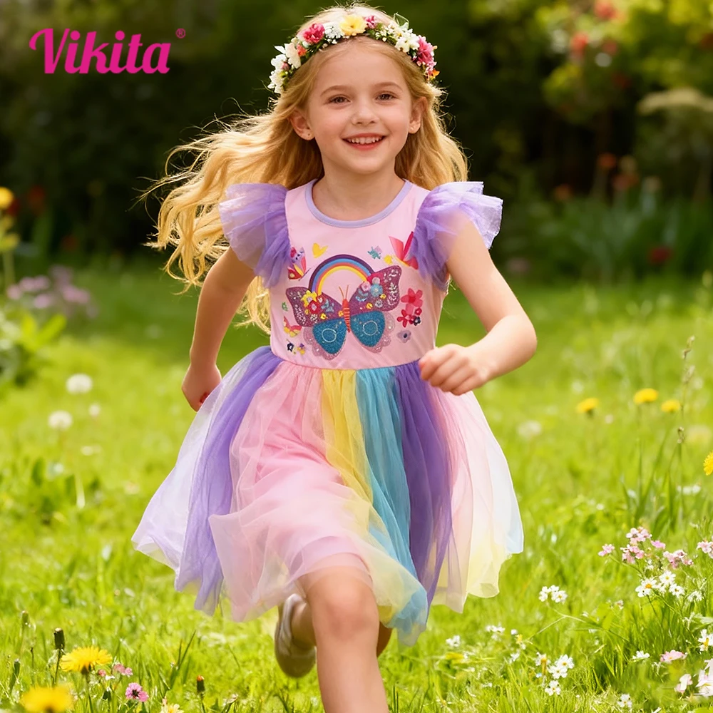 VIKITA Kinder-Sommerkleid mit Schmetterlings- und Blumendruck für Mädchen, rosa, bunt, für Party, Urlaub, Alltag, Prinzessinnenkleider, Kinderkleidung