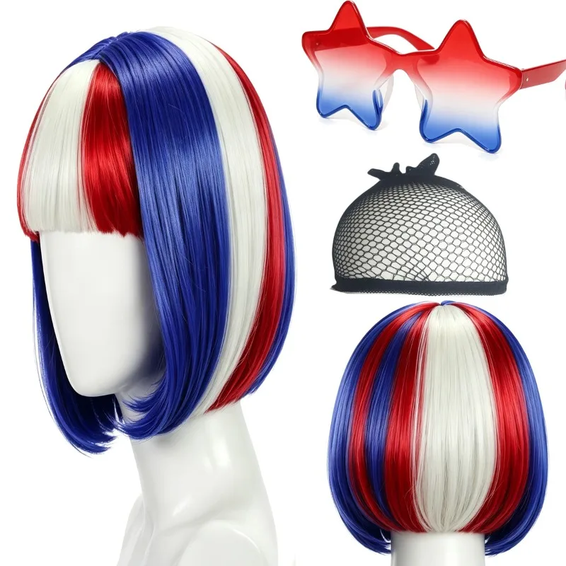 4th of July Costume Wig Accessory Set Red White Blue Synthetic Medium Length Bob Wig for Adult Halloween Party Props