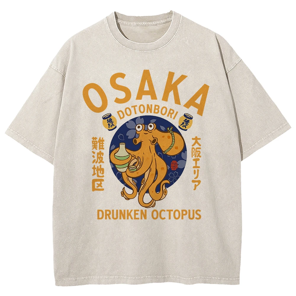 100% Cotton Tee Shirt Osaka Dotonbori Drunken Octopus TShirts Vintage Retro Funny Men/women TShirt Oversize Mineral Wash Tops