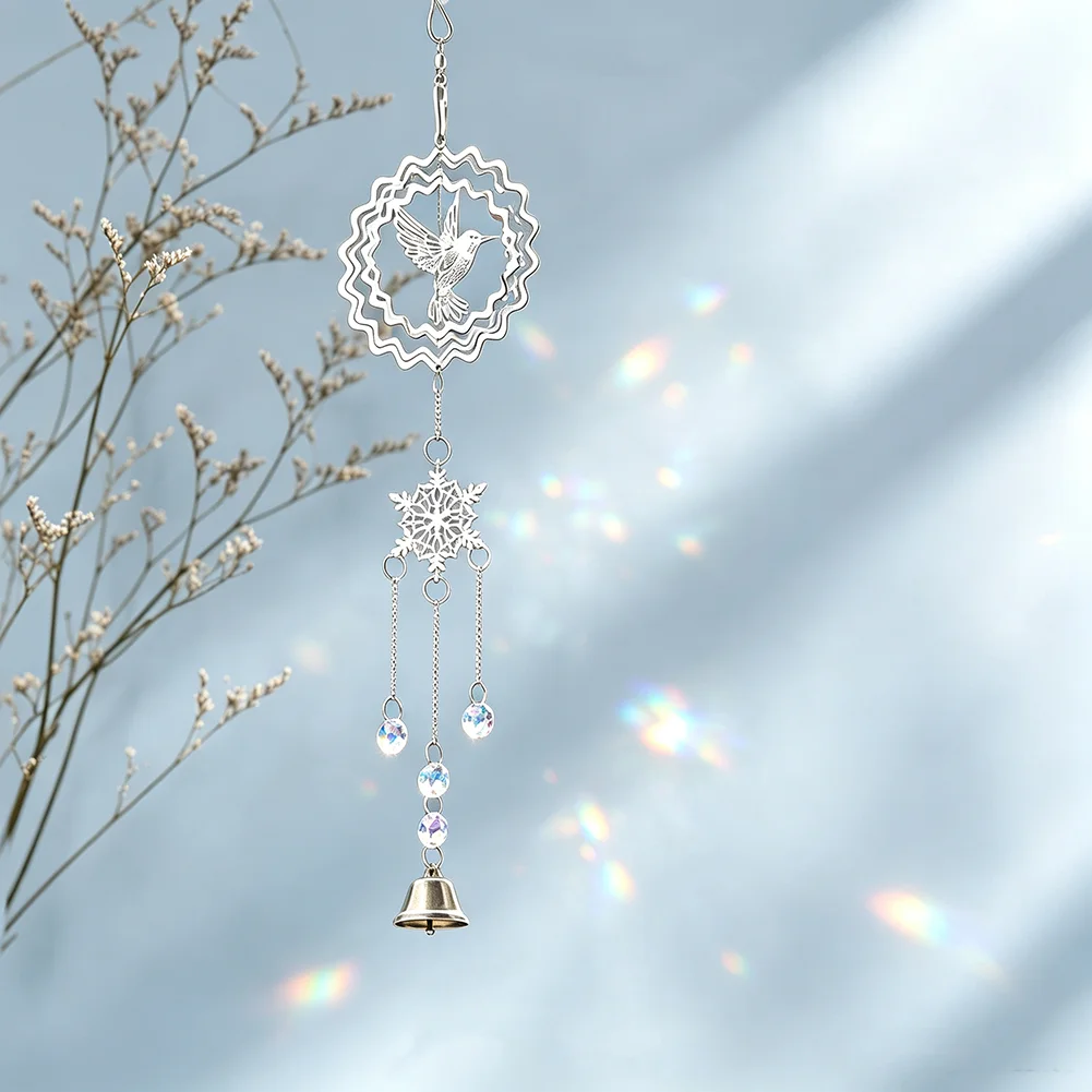 Metall-Kolibri-Schneeflocken-Windspiel, AB-Kristallprisma, Sonnenfänger-Glockenanhänger für Innen- und Außenbereich, Fenster, Garten, Heimdekoration, Geschenk – Detail 3