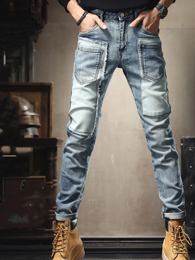 Pantalones vaqueros rasgados de empalme para hombre, Jeans ajustados de alta calidad, informales, ajustados, Vintage, azul, Hip Hop, ropa de calle