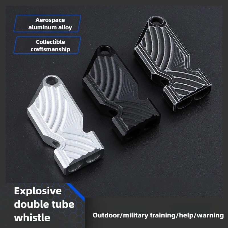 سلسلة مفاتيح صفارة مزدوجة الأنبوب من سبائك الألومنيوم - قلادة صفارة إنقاذ للتخييم في حالات الطوارئ عالية الديسيبل