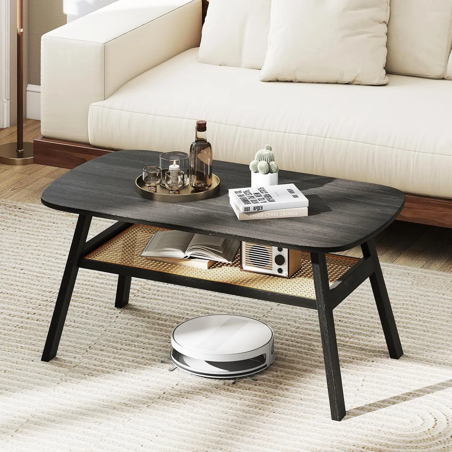 

Rattan Coffee Table, 2-Tier Mid Century Modern Rectangular Center Table with Rattan Storage Shelf & Rubber Wood Legs, Li