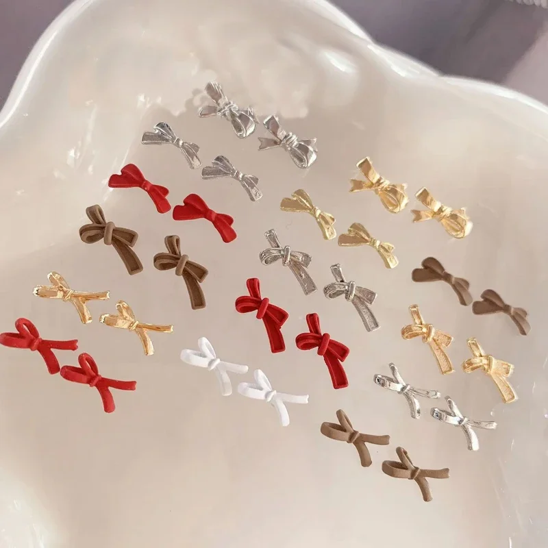 Red Gold Silver Bows Nail Rhinestones Charms Art Jewelry Ribbon Parts Bow Nail DIY Decorations 3D Art Manicure Accessories