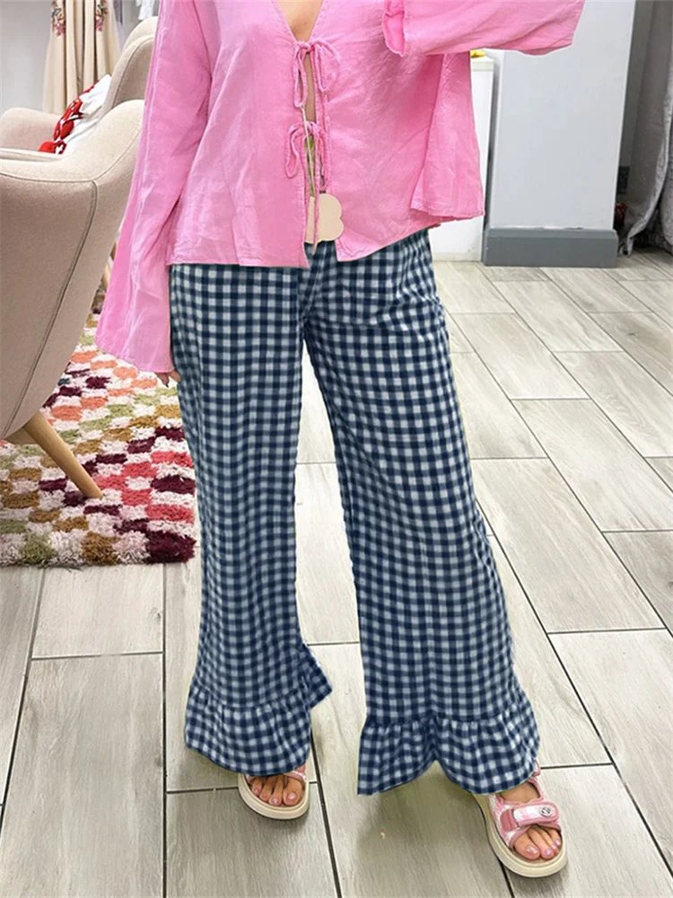 Fashion Womens Plaid Print Pants Ruffles Legs Gingham Wide Leg Loose Casual Pull On Trousers Y2K Retro Chic Going Out Pants