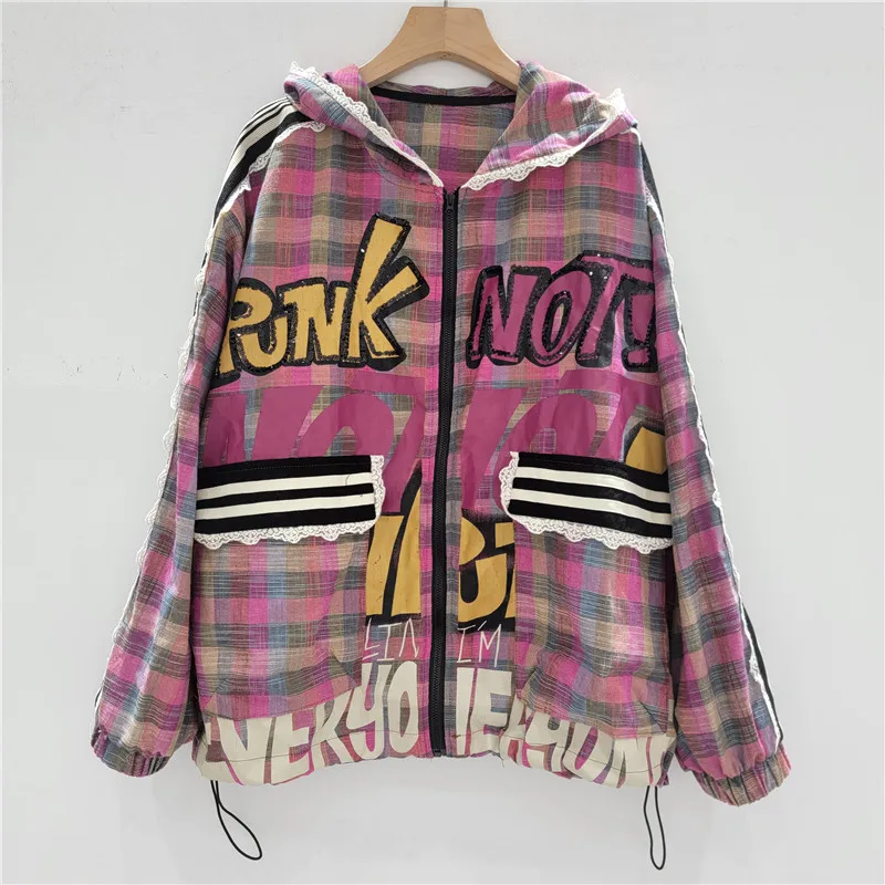 European Trendy Brand Hoodies 2025 Summer Loose Large Version Color Matching Hooded Plaid Cartoon Sunscreen Jacket Women's Top