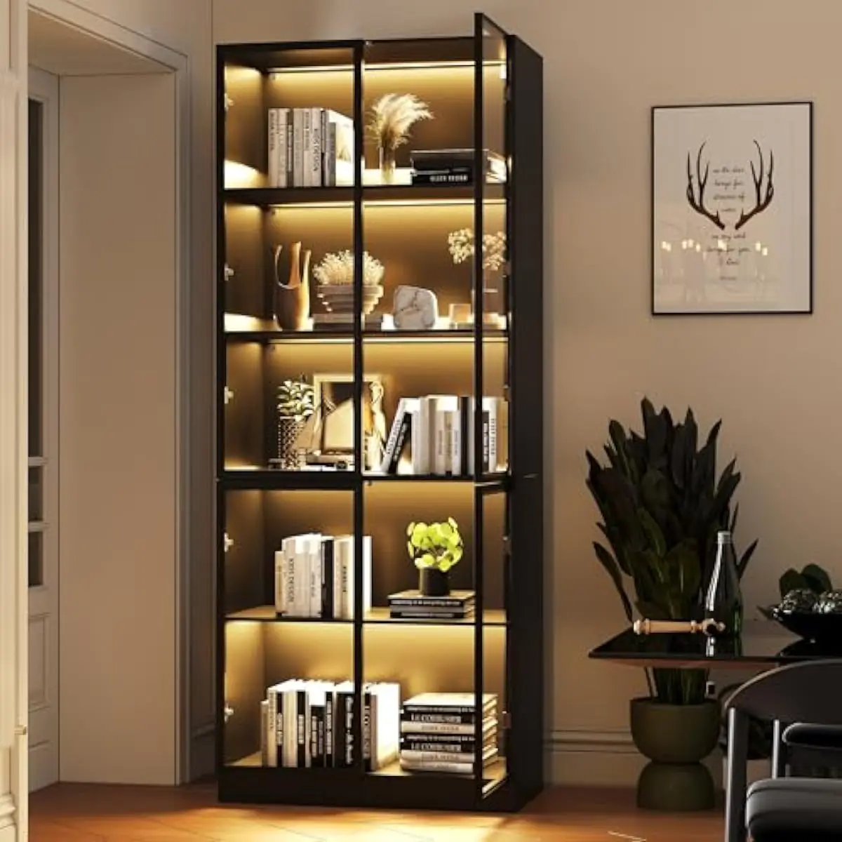 Rustic-engineered wood cabinet with dual-layer tempered glass doors, integrated 7-color LED lighting system featuring 18 dynamic view 3