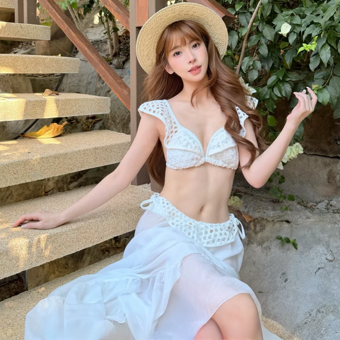 

Ele Hollow out V-Ne Bikini Women's Swimsuit Holiday Vibes Sweet Fairy-like Girl's Lace Trim Separate Swimwear