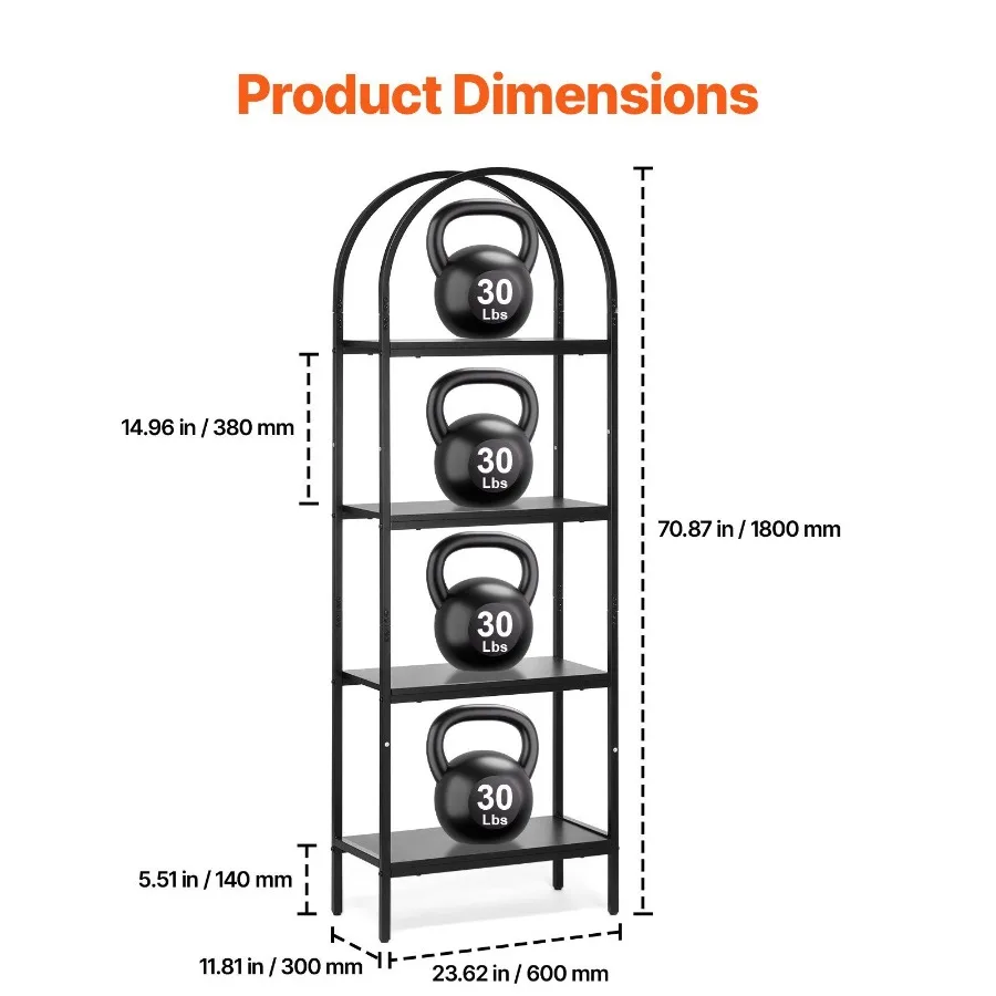 Metal Bookshelf 4Tier Arched Industrial Bookshelf Small Rustic Vintage Storage Bookcase with Open Shelves Freestanding Display
