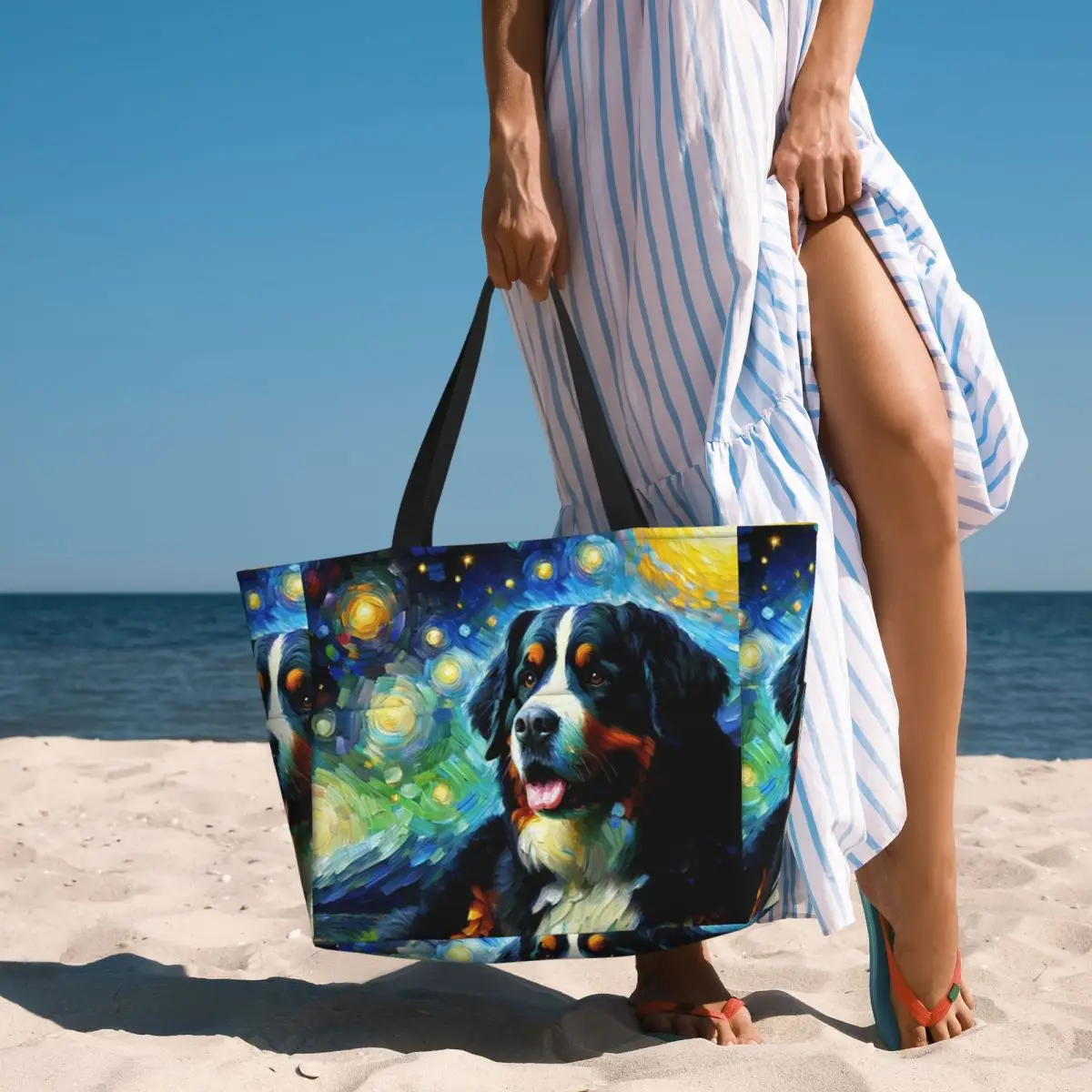 Starry Night Bernese Mountain Dog Van Gogh Lover Beach Tote Bag Sport Yoga Duffle Large Tote Bag Women Travel Bag Fitness bag