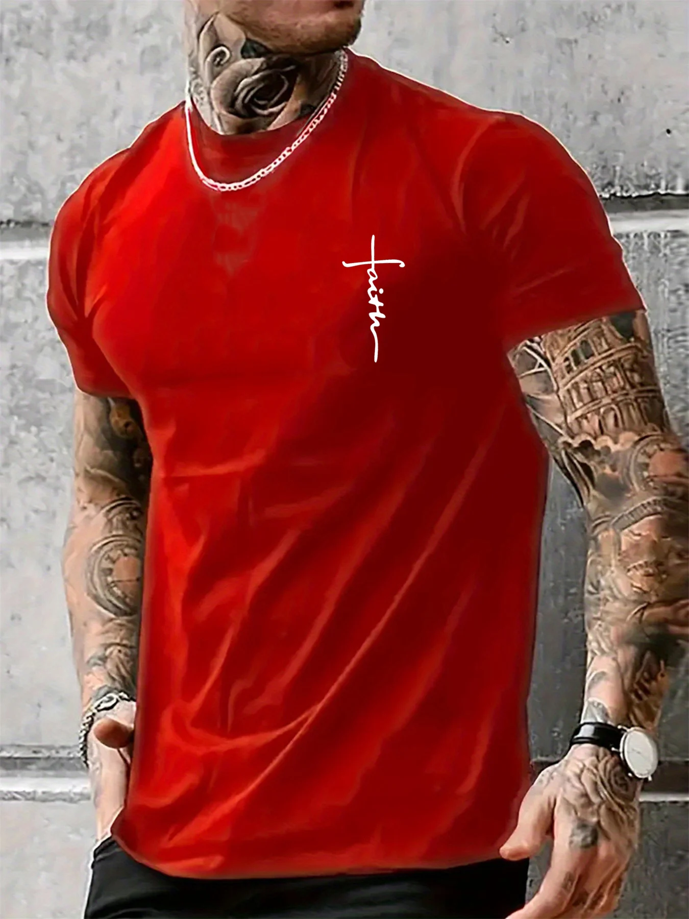 تي شيرت صيفي للرجال 100% من القطن الخالص فضفاض غير رسمي مقاس كبير بنمط الإيمان المتقاطع مطبوع برقبة دائرية وأكمام قصيرة #5