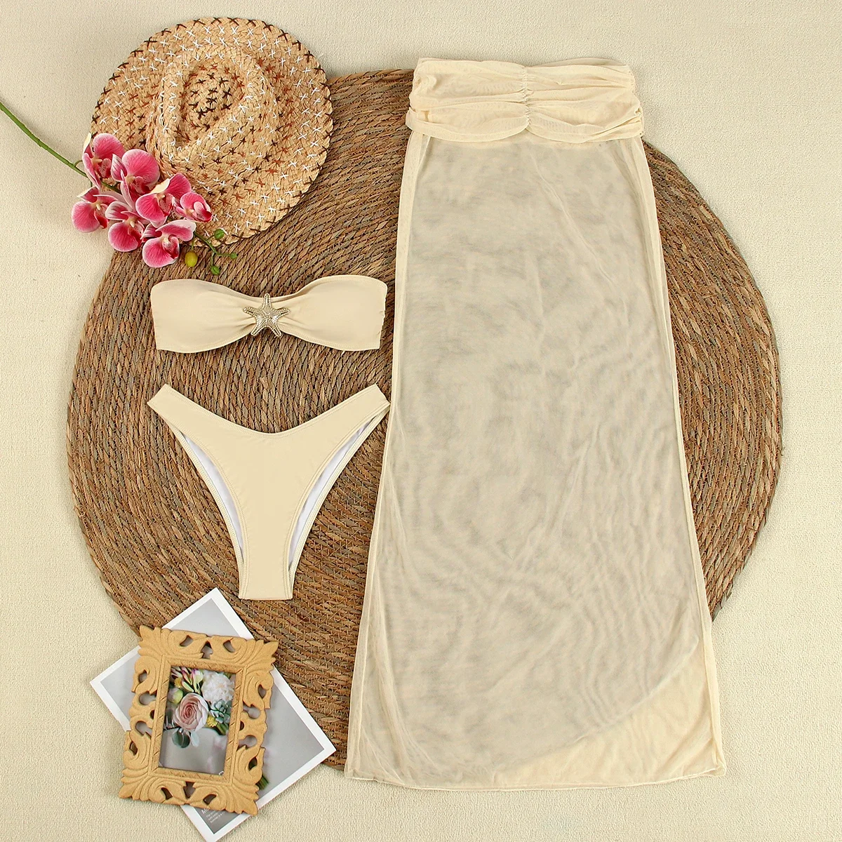 Sexy Starfish 3 pezzi Micro Bikini Costume da bagno donna 2024 Costumi da bagno Costume da bagno Beachwear con gonna lunga Bikini Set Biquini