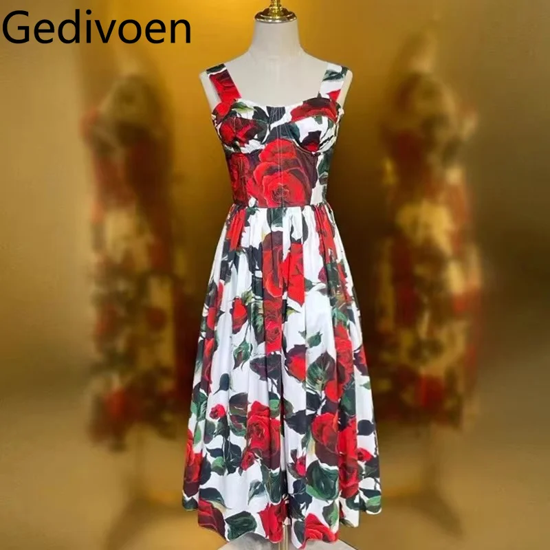 

Gedivoen Fashion Spring Women's Dress Square-Neck Spaghetti Strap Backless Pleated Splicing Casual Holiday Print Cotton Dresses