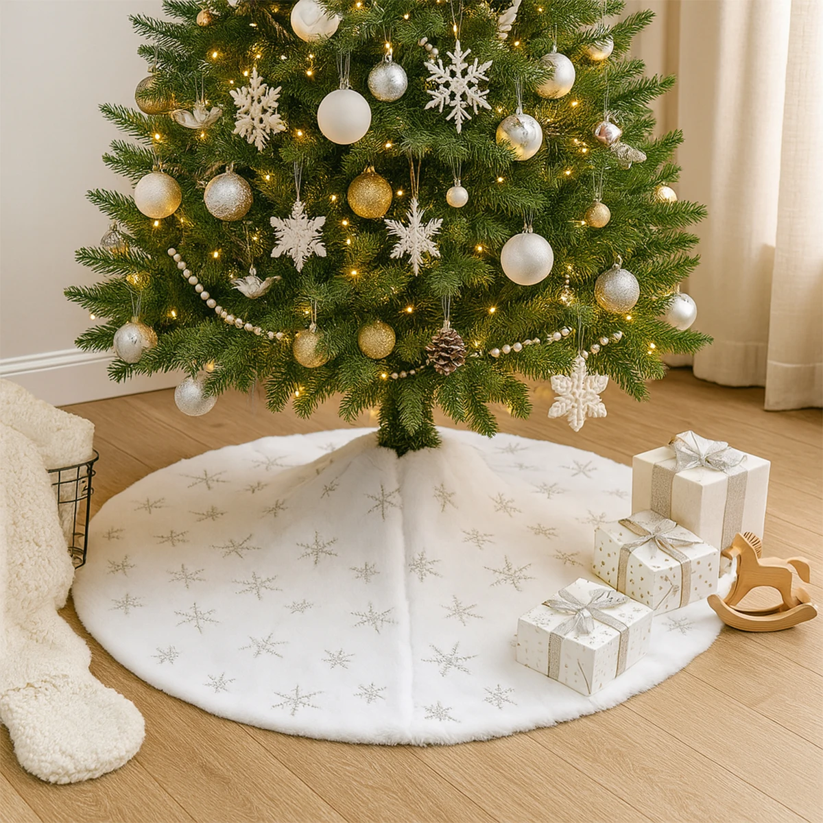 

90cm Christmas Tree Skirt Merry Christmas Decoration For Home 2025 Snowflake Xmas Tree Carpet Navidad Noel Happy New Year 2026
