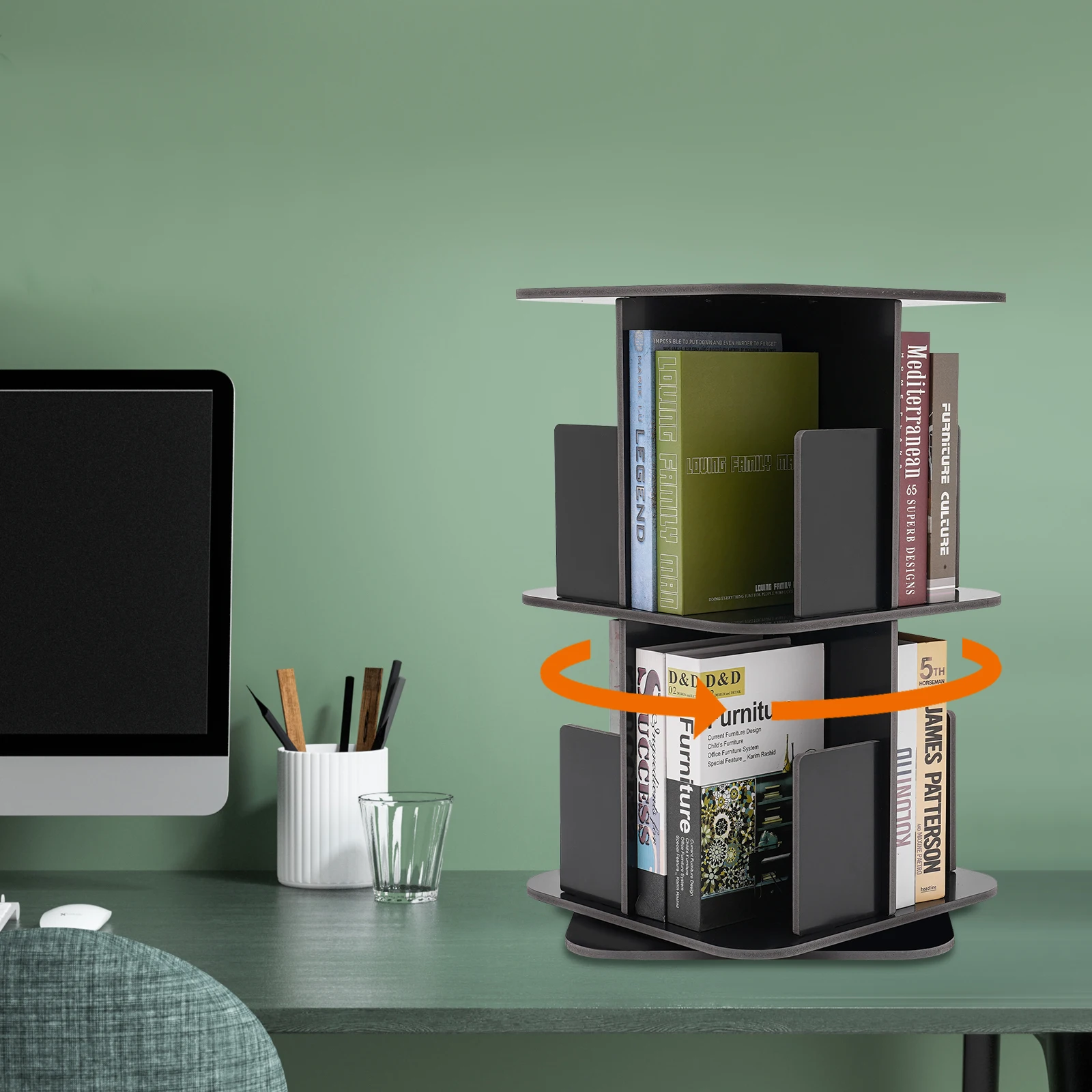 

360° Rotating 2-Tier Bookcase–8 Compartments, 44Lbs/Tier. Compact 15.4x15.4In, Stable. For Living Rooms/Kids' Rooms, Black