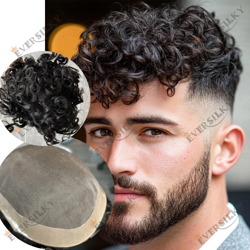 

26mm Loose Curly Human Hair Toupee Natural Frontline Capillary Prosthesi Brown Black Super Durable 24mm Bald Man's Wig Hairpiece
