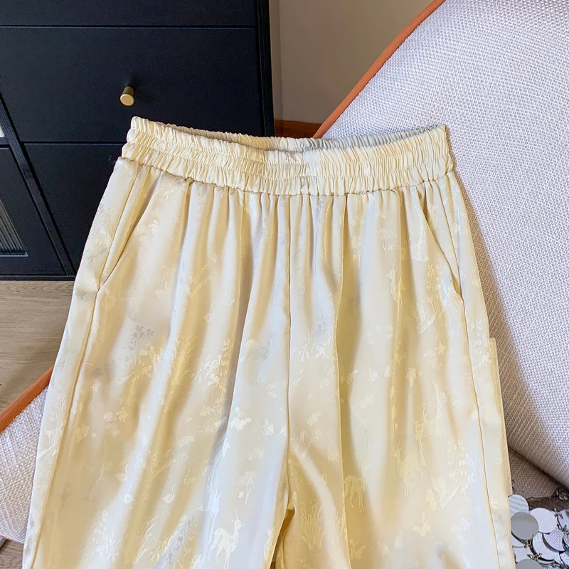 Novo chinês sle bordado acetato calças de perna larga mulheres verão cintura alta solta drapey emagrecimento casual em linha reta calças compridas