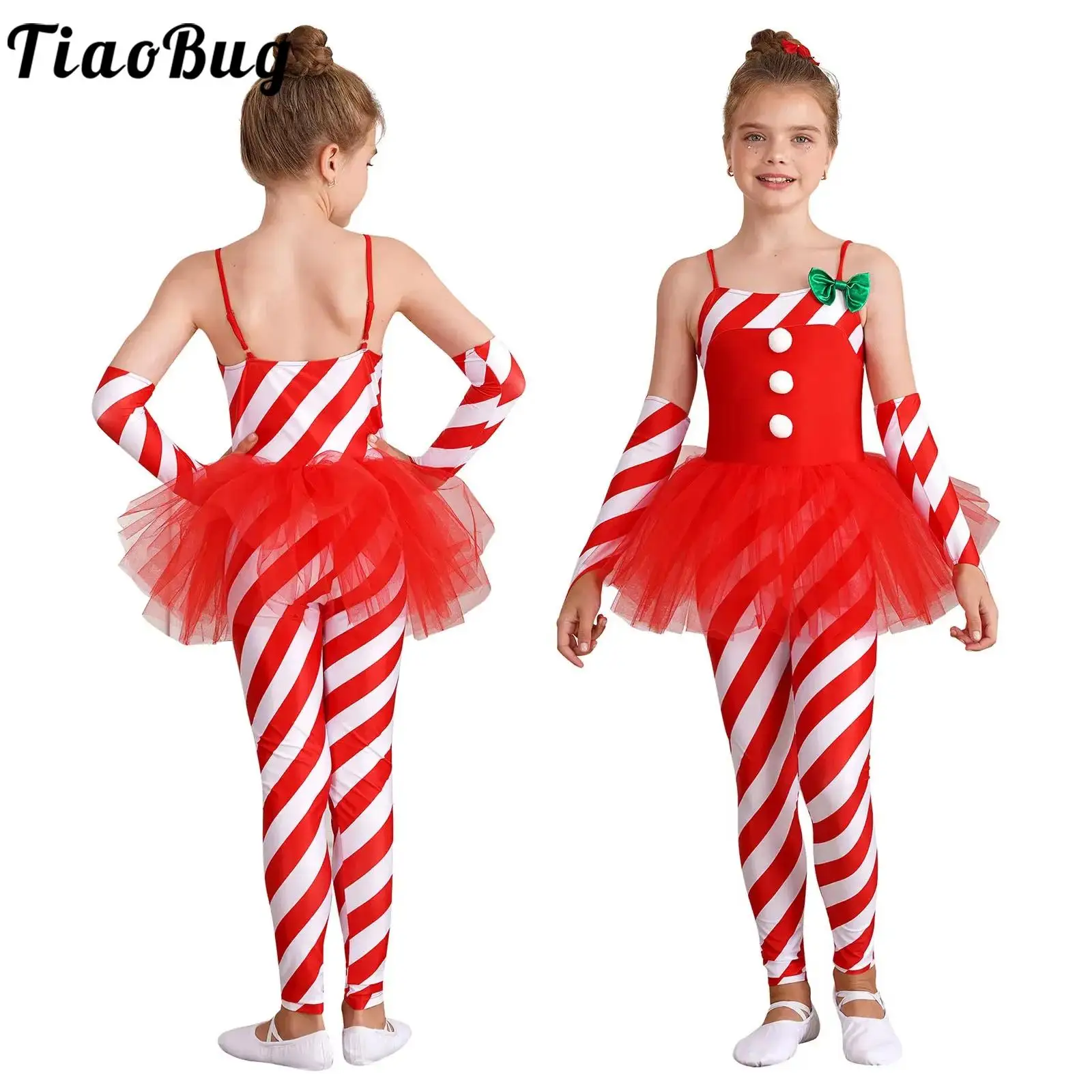 

Girls Candy Cane Christmas Jumpsuit Set One Piece Striped Mesh Tutu Skirt Bodysuit Fancy Ballet Dance Gymnastics Skating Leotard