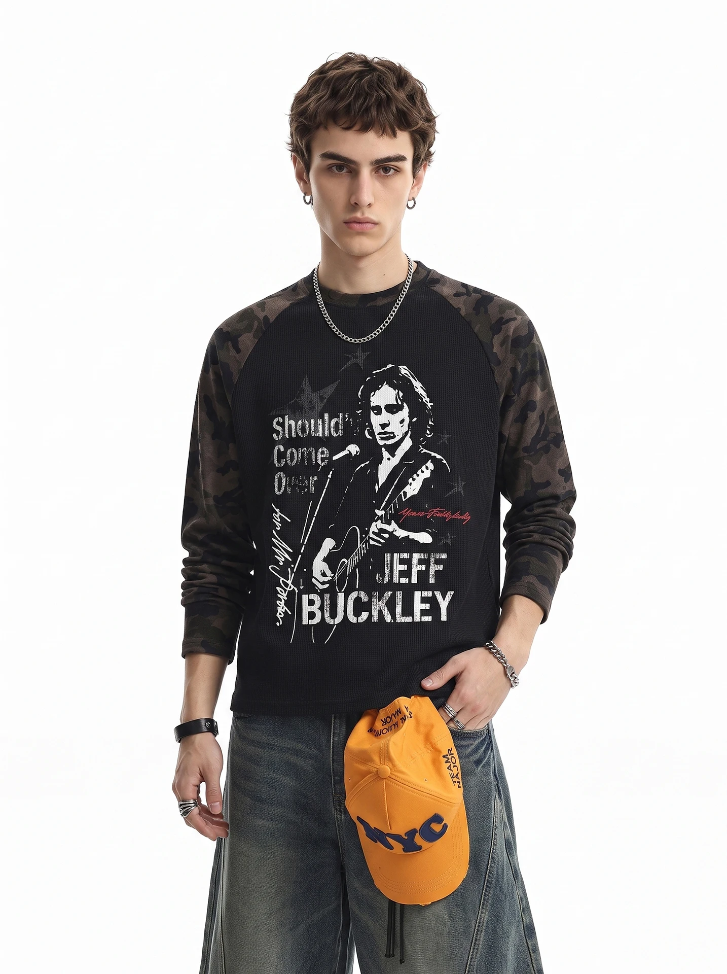 BETEBULE American High Street Rock Print Camouflage Long Sleeve Men's T-shirt Vintage Subculture Short Wide Top