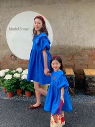 Summer parent-child dress Net red mother and daughter blue embroidered collar dress Summer  Dresses  family outfit matching