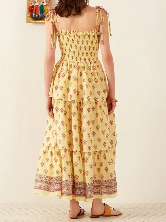 Lange zomerjurk voor dames, mouwloos, open rug, gelaagde strandjurk met gebonden bandjes en bloemen