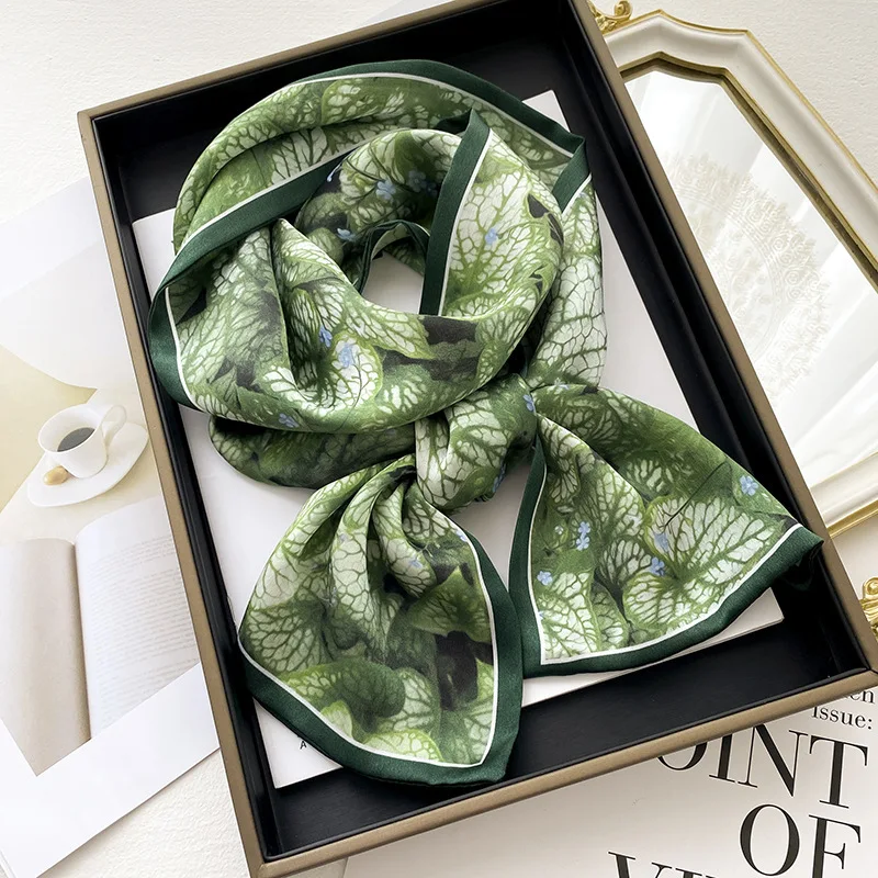 

Print Neckerchief Fashion Headbands For Women Design 100% Real Silk Skinny Scarves Handle Bag Ribbons Foulard Tie Hair Band