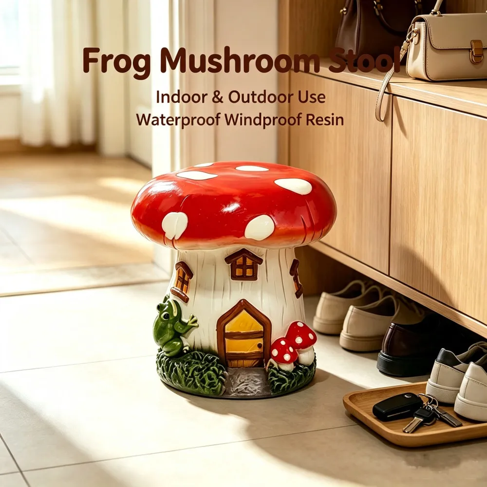 l13.4" Mushroom House Garden Stool, Oversized Resin Sculpture & Fairy Forest Base, Decorative Stool for Home, Courtyard, Lawn, Indoor & Outdoor Spring & Summer Decoration view 2