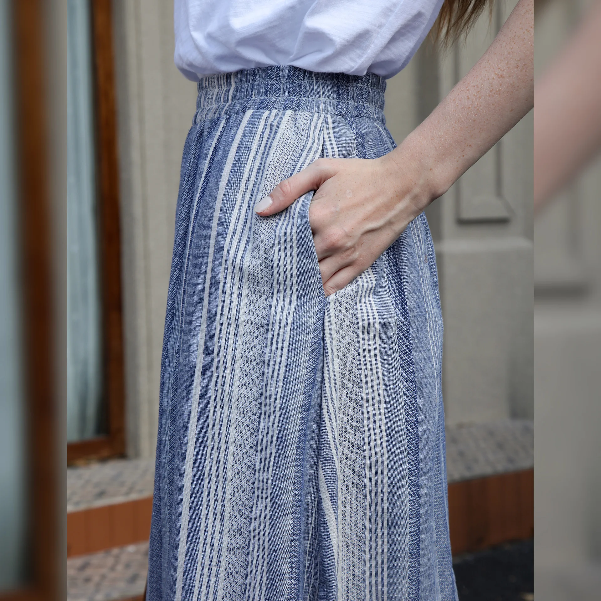 Cotton Linen Blue Striped Skirt Women\'s Thin Elastic Waist Half Loose Skirts with Pocket Design Summer Women Clothing Streetwear