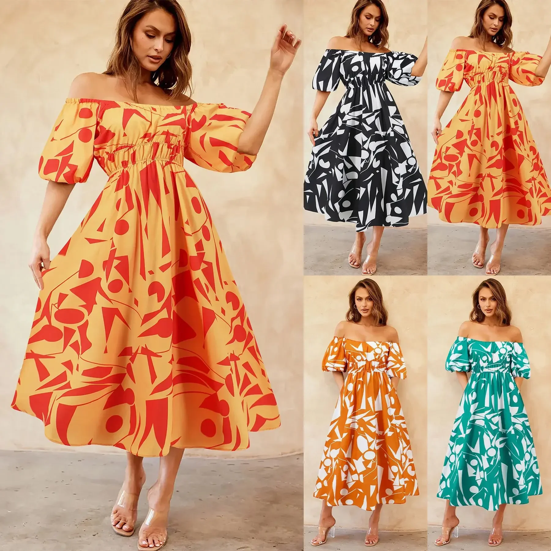 High Quality Elegantes Sexy One Line Neckline Bubble Sleeve Printed Skirt Casual Fashionable Grand Dress Vestido Y2k Maxi Dress