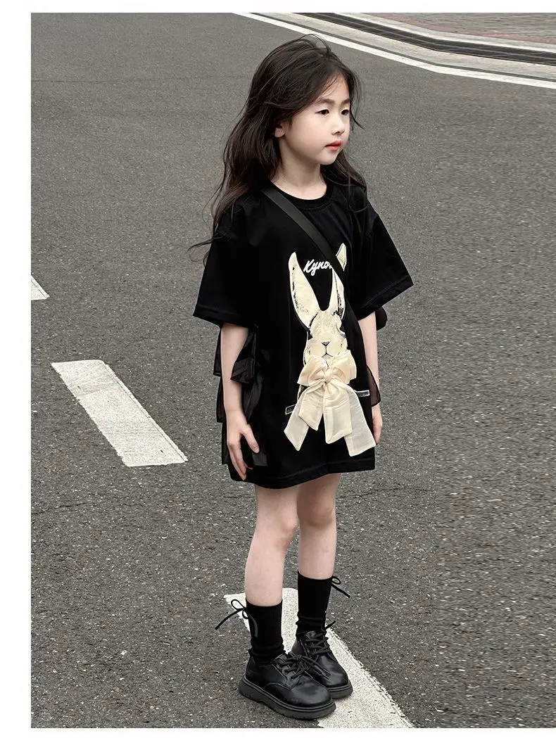 2026 Neues Sommer-T-Shirt-Kleid für Mädchen mit Hasen-Print und Schleife, lockeres langes Kinder-T-Shirt-Oberteil für Mädchen von 5-16 Jahren – Detail 12