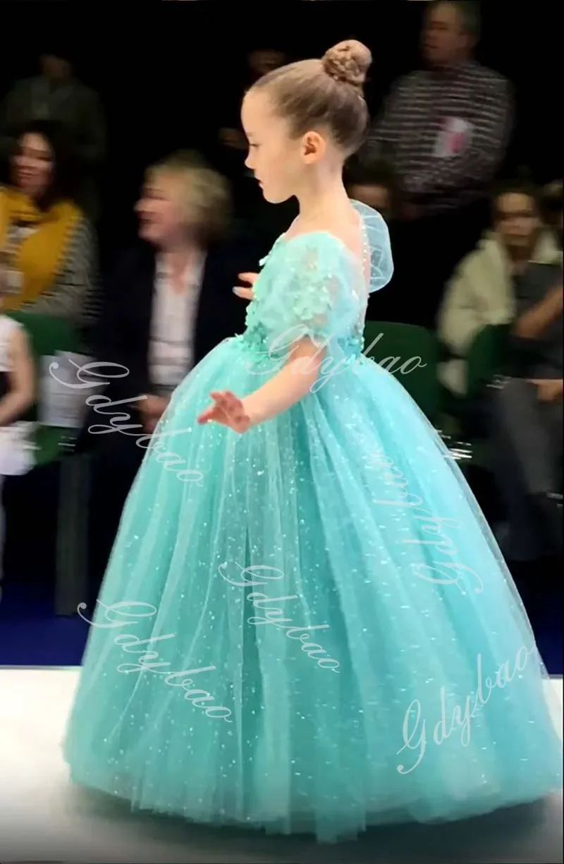 Robe de reconstitution historique de princesse vert menthe, manches bouffantes, robe de demoiselle d'honneur, tout-petits, paillettes perlées, appliques, tulle, mariage, robe d'anniversaire