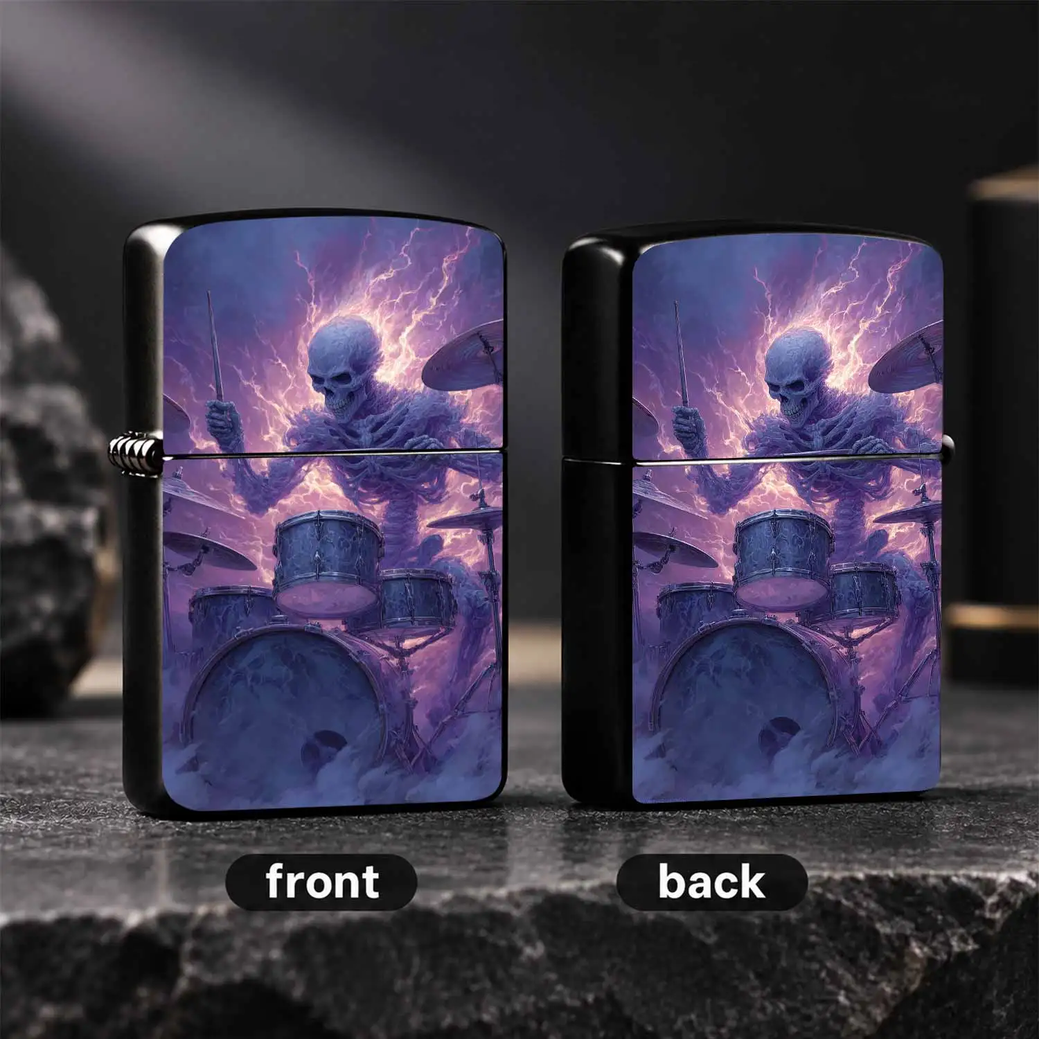 Purple Flame Skeleton Drummer Lighter, Cool Rock Style Artistic Pattern, Delicate Trendy Ornament For Daily Use, Outdoor Activities, Holiday Gifting, Multi-Scenario Practical Creative Present For Lovers And Trend Pursuers A Humorous And Int