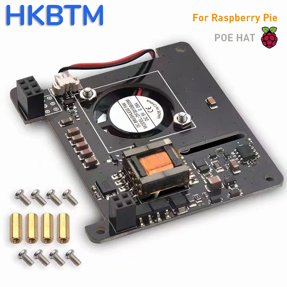 HKBTM POE HAT for Raspberry Pi , IEEE802.3af Standard Compliant, 5V 2.4A Output and 25x25mm Cooling Fan for Raspberry Pi 3B+/4B