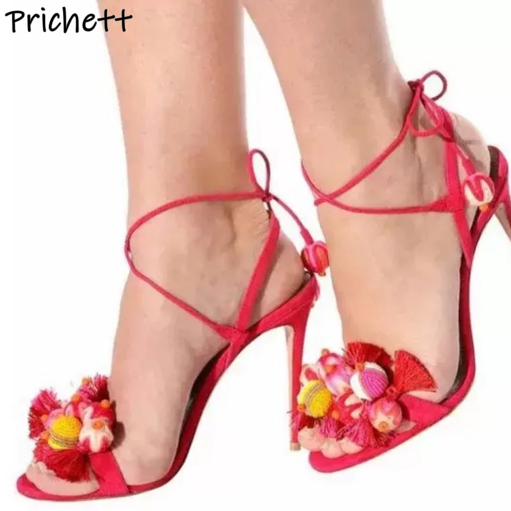 Fringe Knitting Wool Ball Sandals Straight Strap High Heels Ankle Band Sexy Shoes Women's Summer Fashion Runway Dress Shoes