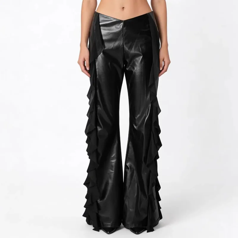 

Горячая распродажа: Женские черные кожаные брюки с пэчворком и кружевом, расклешенные