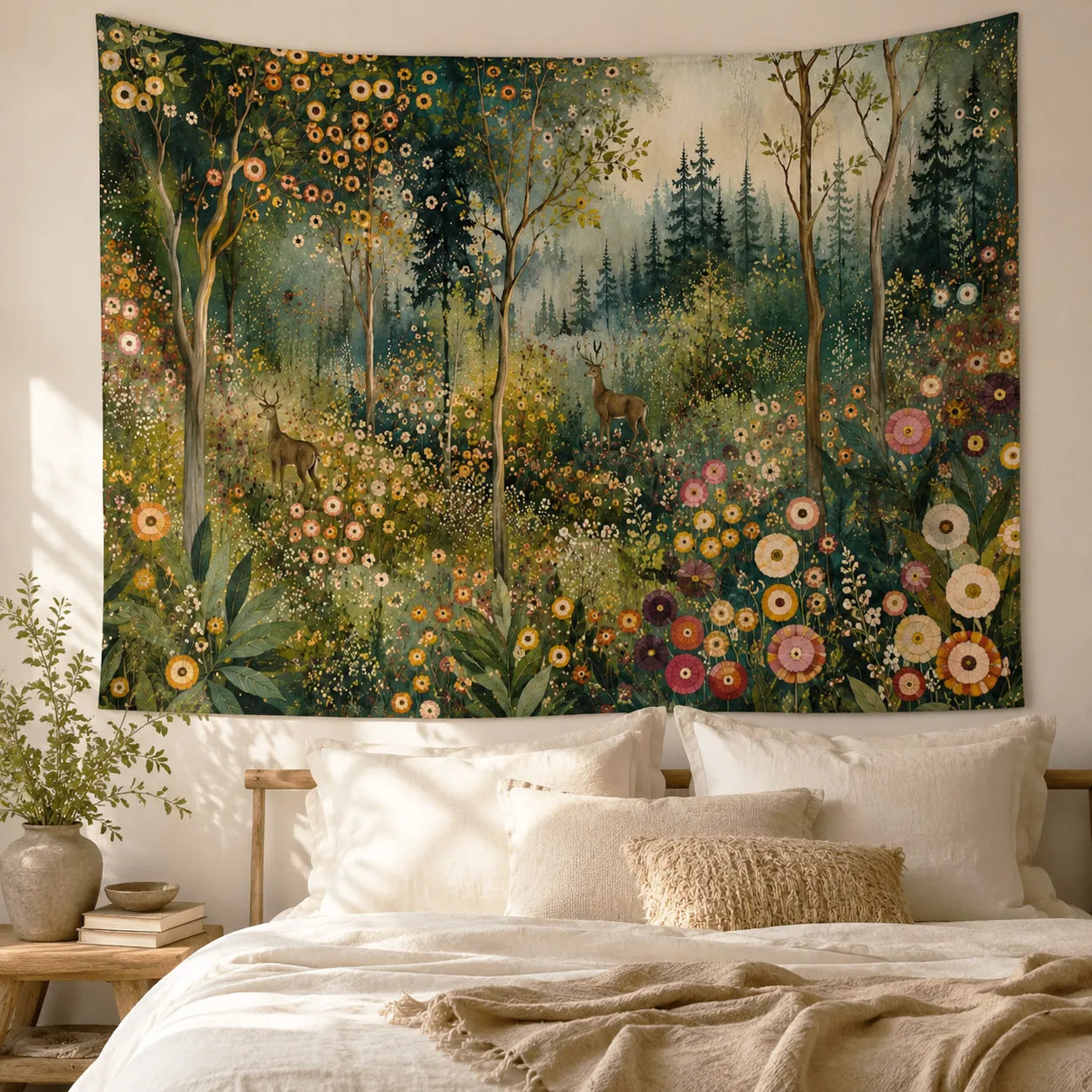 Enchanted Forest Deer Tapestry Floral Woodland Wall Hanging Nature Landscape Wall Decor for Bedroom Living Room Dorm Home