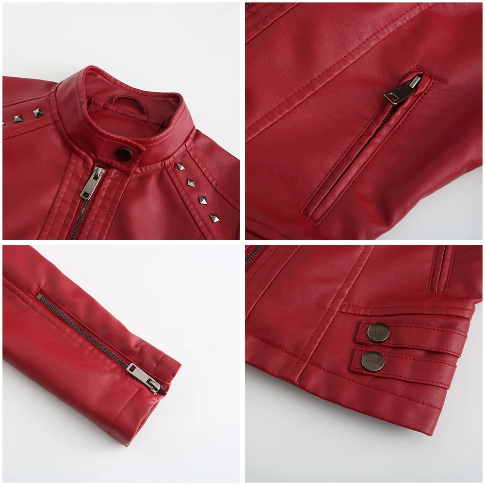 Women's Rivet PU zipper Leather Coat, Black Motorcycle Jacket, Standing Collar, Korean Punk Rock Fashion, Autumn and Winter