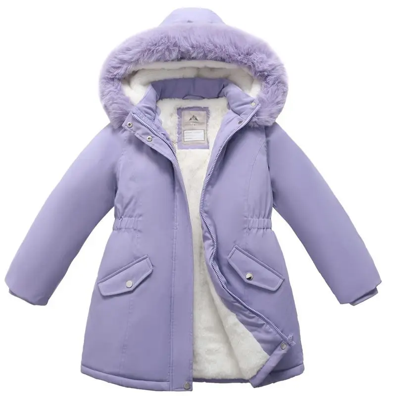 

4-14 Years Children Girls Winter Warm Down Plush Pocket Climbing Hiking Hooded Coat Kids Clothing Sportwear