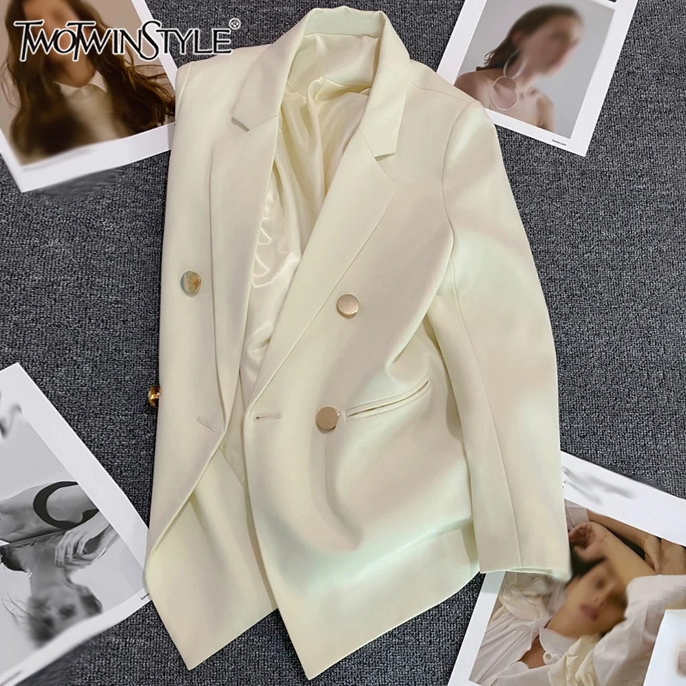 

TWOTWINSTYLE Solid Temperament Slimming Blazers For Women Lapel Long Sleeve Spliced Button Casual Coat Female Style KJA547322
