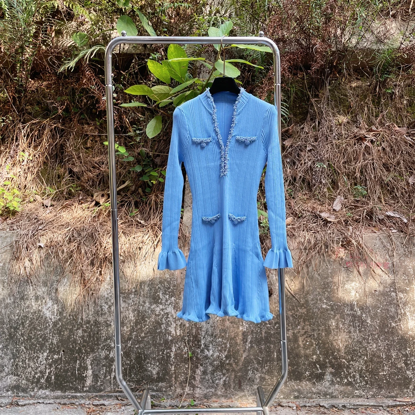 

Spring 2026 Handmade Beaded Slimming Blue Knitted Dress High Waist Gauze Pearl Long Sleeve A-Line Dress for Women