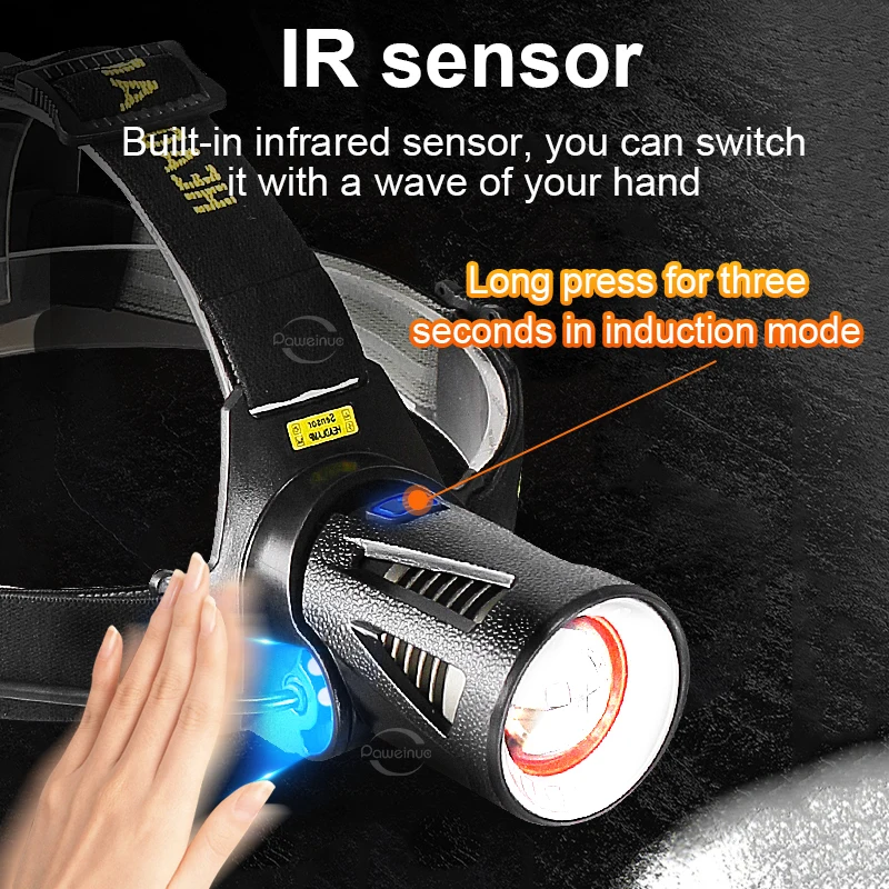 30000000LM Nouveau 2 * XHP100 Phare avant IR capteur rechargeable LED Phare puissant tête lampe de poche zoom lampes de pêche
