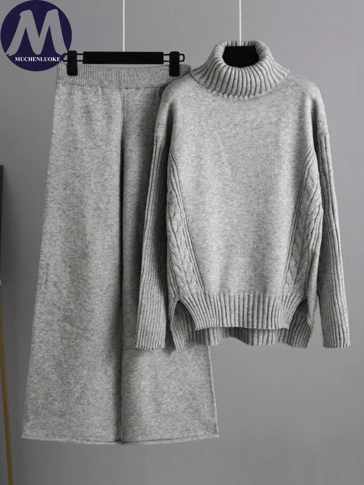 Set Dua Potong untuk Wanita 2025 Musim Gugur/Musim Dingin Set Sweter Pullover Kerah Tinggi Rajutan Baru Set Celana Kaki Lebar Longgar Kasual Fashion